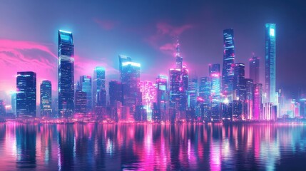 Fototapeta premium City skyline with futuristic architecture illuminated by neon lights and digital effects. Panoramic view capturing the essence of modern technology.