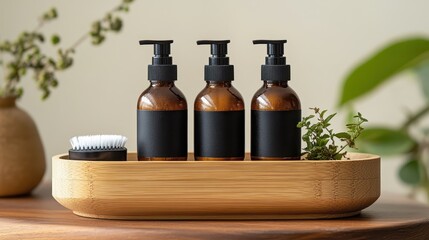 Refillable Bamboo Bathroom Organizers with Natural Beauty Products