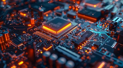 Obraz premium Close-up of a glowing circuit board with a computer chip