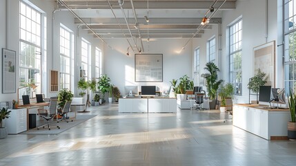 White open space office interior, mockup wall. Generative AI.