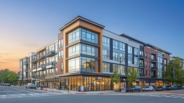 Contemporary mixed-use building with shops on the ground floor and apartments above.
