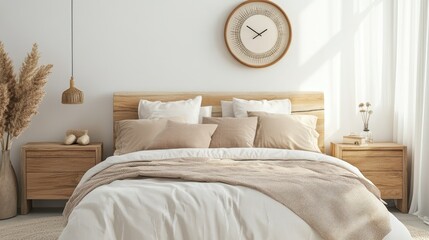 Cozy bedroom setup with a plush bed, decorative pillows, wooden bedside tables, and a simple clock on the white wall.