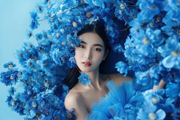 Asian woman poses elegantly in blue dress with flower arrangement. High-end fashion concept features perfume inspiration. Woman face hidden by flowers, dressed in blue attire on blue background.