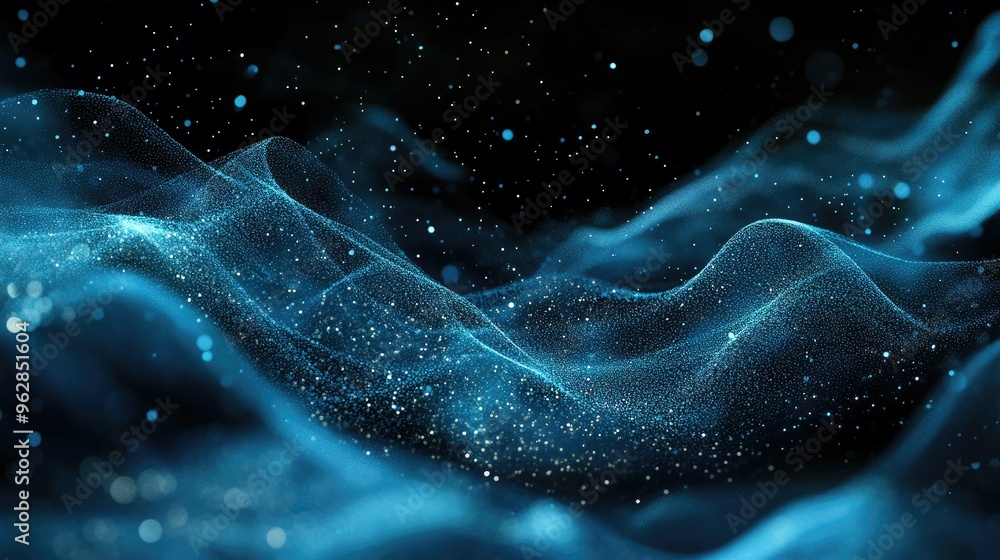 Leinwandbilder Dynamic blue particle lines forming horizontal waves and undulating across a black backdrop, ideal for showcasing digital and communication tech themes. -