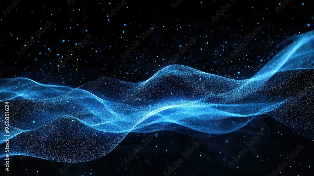 Leinwandbilder Dynamic blue particle lines forming horizontal waves and undulating across a black backdrop, ideal for showcasing digital and communication tech themes. -