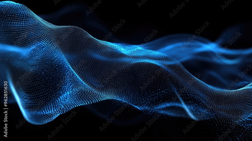 Poster dynamic blue particle lines forming horizontal waves and undulating across a black backdrop, ideal f