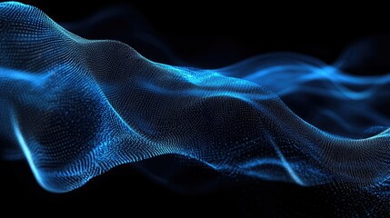 Obraz premium Dynamic blue particle lines forming horizontal waves and undulating across a black backdrop, ideal for showcasing digital and communication tech themes. -