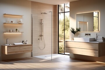 Interior of modern bathroom with beige walls, wooden floor, comfortable bathtub and shower stall. 3d rendering