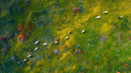 Obraz premium Aerial View of Cows Grazing in a Wildflower Meadow