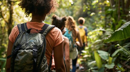 Group of hikers walking through lush jungle foliage