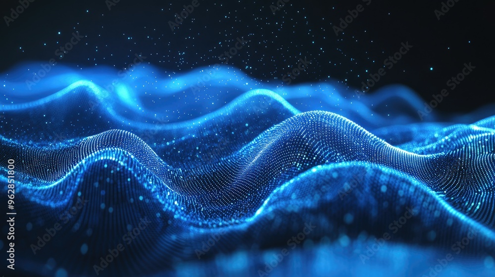 Poster dynamic horizontal blue particle lines undulating in a 3d space against a black backdrop, representi