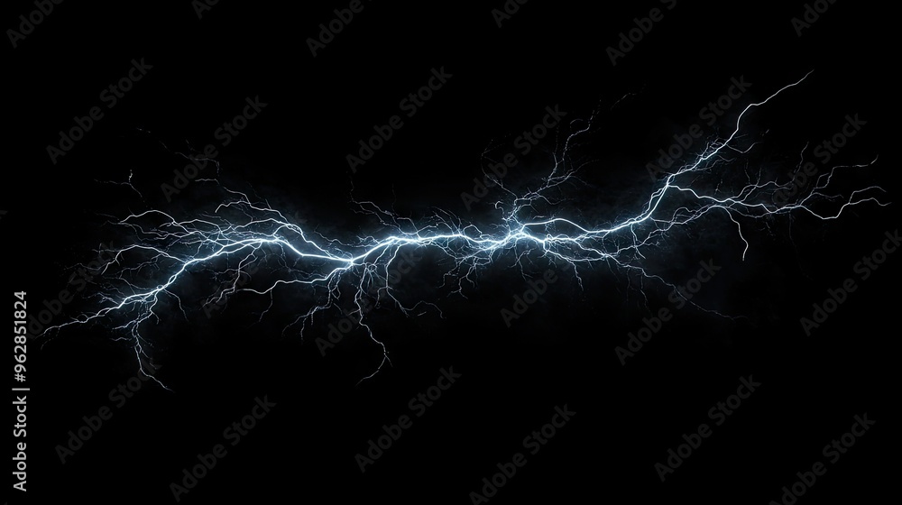 Aufkleber dynamic lightning bolt with branching extensions, isolated on a black backdrop, highlighting the for