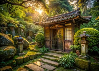 Fototapeta premium whispers of forgotten love abandoned Japanese tea house overgrown European garden rusty gates intricate stone carvings warm afternoon sunlight nostalgic peaceful melancholic forgotten memories