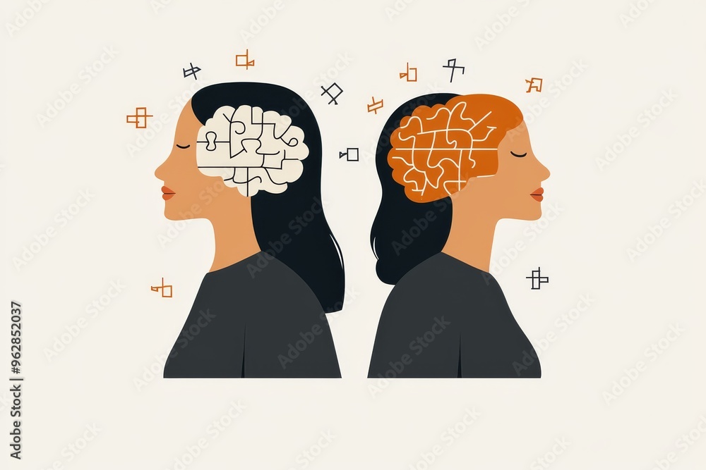 Poster brain network interface mind augmentation minimalist silhouette illustration of two faces with puzzl