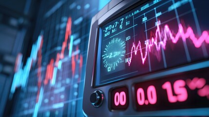 Electric meter showing high readings with a global market graph indicating rising electricity costs. Price surge in energy concept.