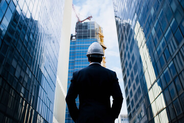 Fototapeta premium man in a hard hat stands in front of a tall building. He is wearing a suit and tie