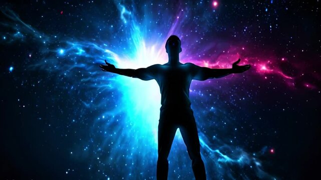 Silhouette of a person floating in the sky space with wide open arms posing like a hero and colorful space in the background generative AI