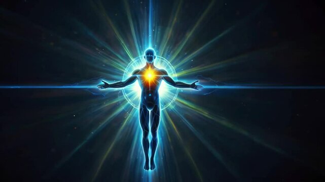 Supernatural celestial person floating in space while his body is glowing and spreading light all over generative AI