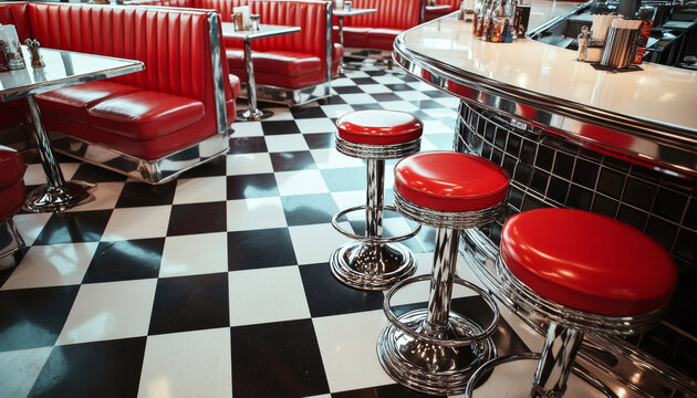 A retro diner interior featuring red booths, chrome accents, and a checkered floor, evoking nostalgia and casual dining.
