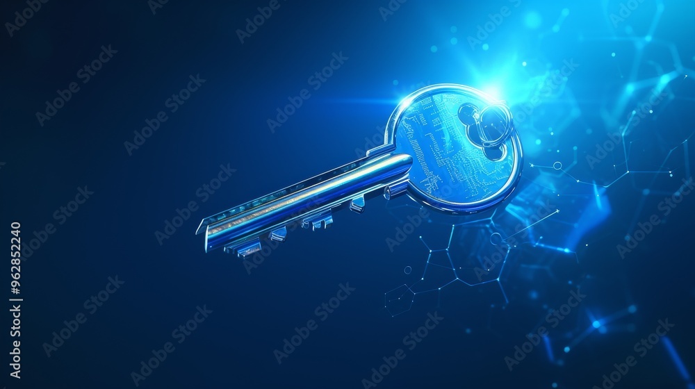 Poster a blue neon digital key floating on a dark background, symbolizing advanced technology, digital secu