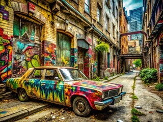 Fototapeta premium abandoned graffiti-covered old sedan urban decay city alleyway street art vibrant colors gritty urban atmosphere rebellious freedom expression