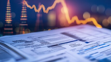 Electricity bill with increasing prices, global market symbols in the background. Rising energy costs concept with financial implications.