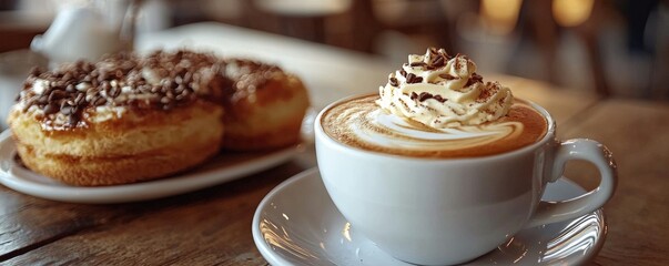 Close-up shot of coffee paired with gourmet desserts, photo-realistic details, intricate textures of coffee and pastries, high-definition clarity, natural light, warm and cozy atmosphere