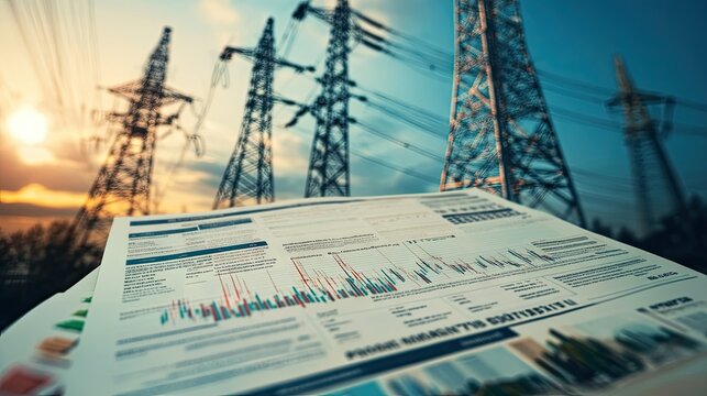 Electricity bill with increasing prices, global market symbols in the background. Rising energy costs concept with financial implications.