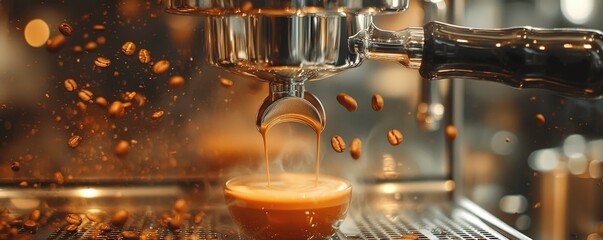 Close-up shot of espresso machine in action, photo-realistic details of coffee pouring, intricate machine components, high-definition clarity, natural ambient light, rich crema, steam and warm tones