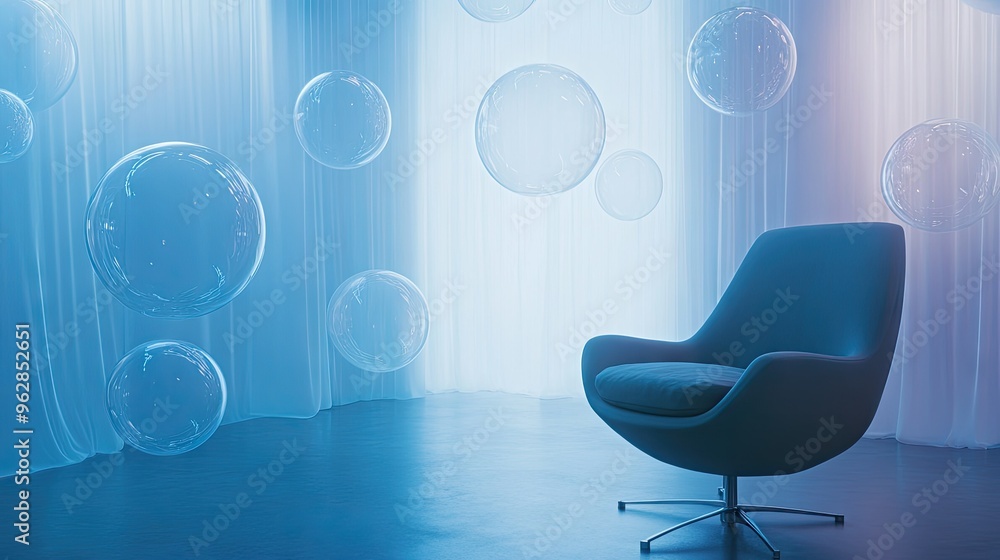 Poster Elegant room with floating, translucent chat bubbles creating a dynamic, high-tech scene. Ideal for visuals focusing on digital messaging.