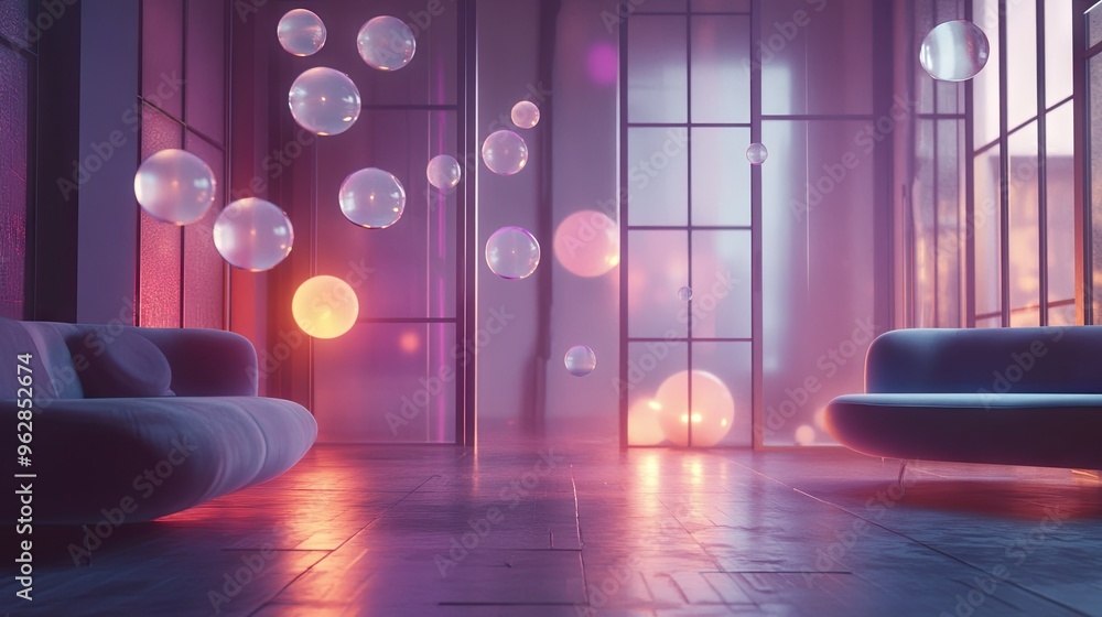 Poster elegant room with floating, translucent chat bubbles creating a dynamic, high-tech scene. ideal for 