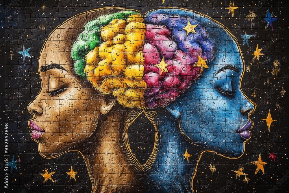 Poster neural interfacing mind augmentation vibrant artistic representation of a woman with a colorful brai