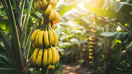Naklejka premium Ripe Banana Bunch on a Tropical Plantation