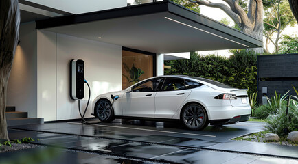 A white EV car is charging at an electric car charger in the garage of a modern house. Generative AI.