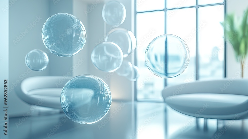 Poster floating glossy chat bubbles in a stylish room with minimalist decor, perfect for illustrating advan