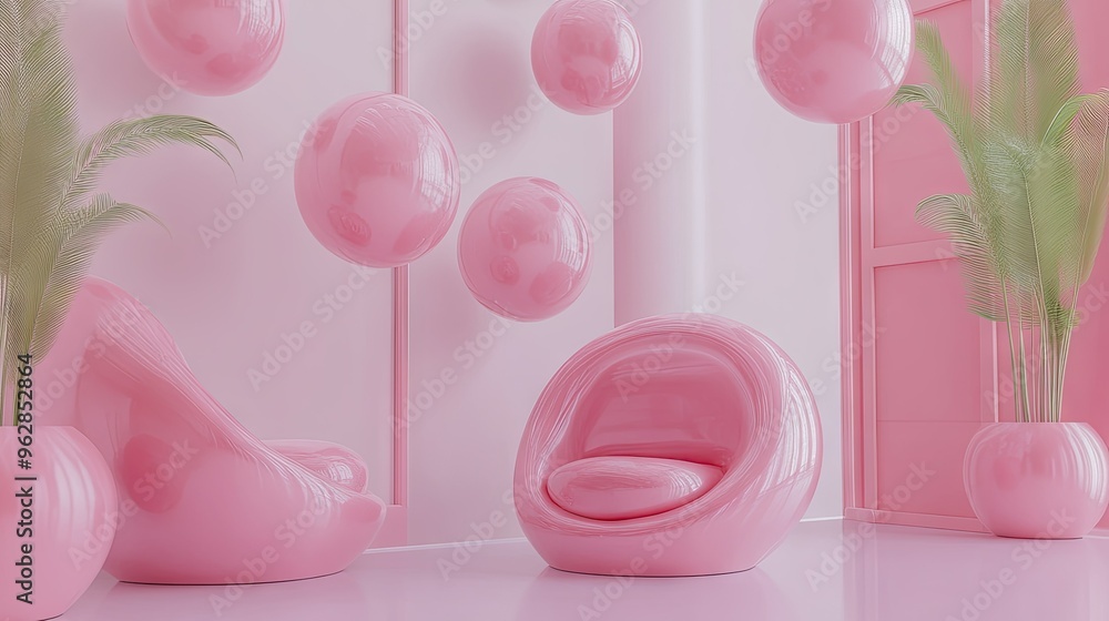 Poster floating glossy chat bubbles in a stylish room with minimalist decor, perfect for illustrating advan