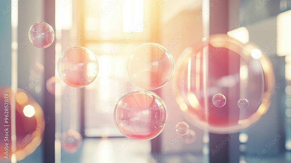 Poster floating shiny chat bubbles in a contemporary room with clean lines and ample light. perfect for tec