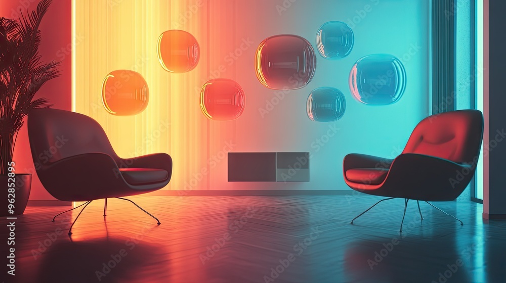Poster floating shiny chat bubbles in a contemporary room with clean lines and ample light. perfect for tec
