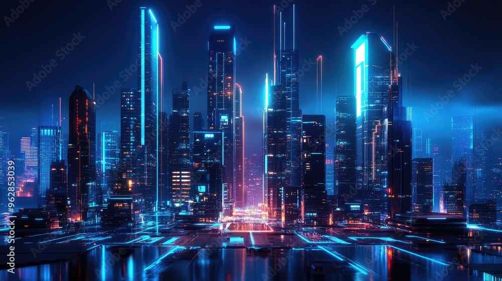 Poster futuristic city skyline with sleek, modern architecture illuminated by neon lights. panoramic view h