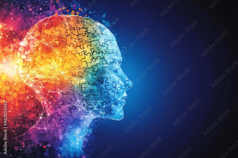 Poster neurointerface mind augmentation abstract representation of a head made of colorful puzzle pieces sy