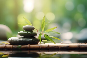 zen stones in water with bamboo forest background, zen and meditation concept