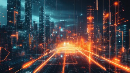 Obraz premium Futuristic city with neon-lit buildings and abstract digital elements, capturing a panoramic view of modern urban architecture and technology.