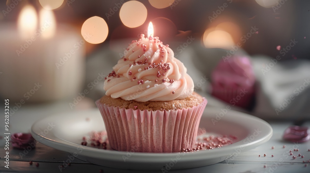 Poster a celebratory pink frosted cupcake with a single candle, placed on a white plate with a bokeh backgr
