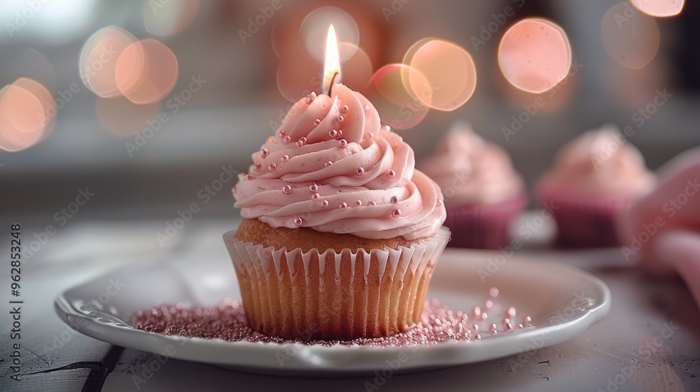 Poster a celebratory pink frosted cupcake with a single candle, placed on a white plate with a bokeh backgr