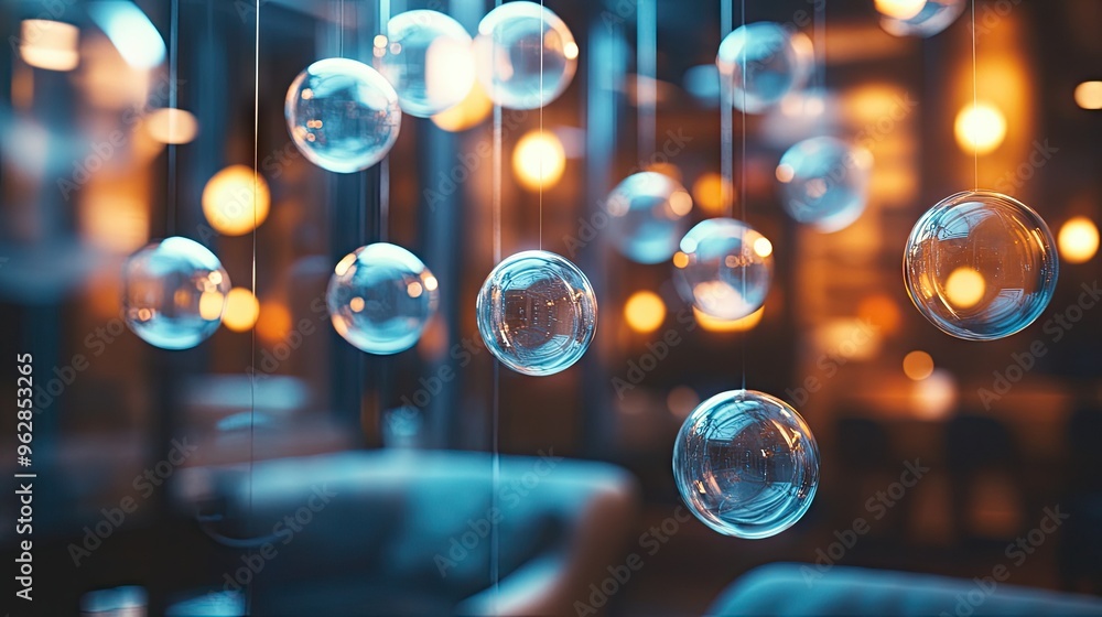 Poster group of bright, gleaming chat bubbles suspended in an elegant room, creating a high-tech ambiance f
