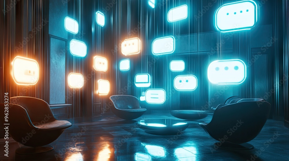 Poster group of bright, gleaming chat bubbles suspended in an elegant room, creating a high-tech ambiance f