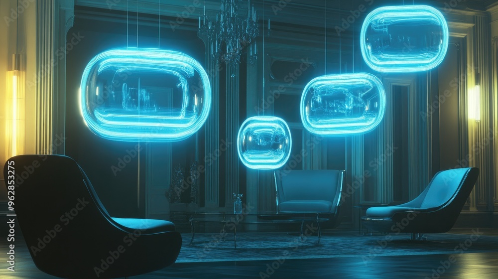 Poster group of bright, gleaming chat bubbles suspended in an elegant room, creating a high-tech ambiance f