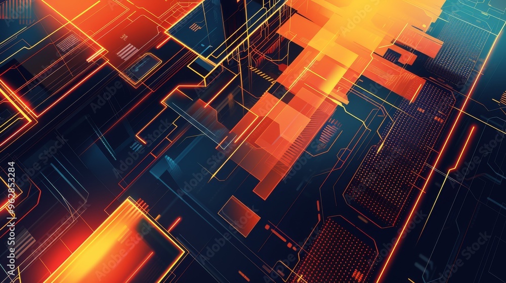 Poster an abstract image featuring digital circuitry in vibrant orange and blue tones. the dynamic design a