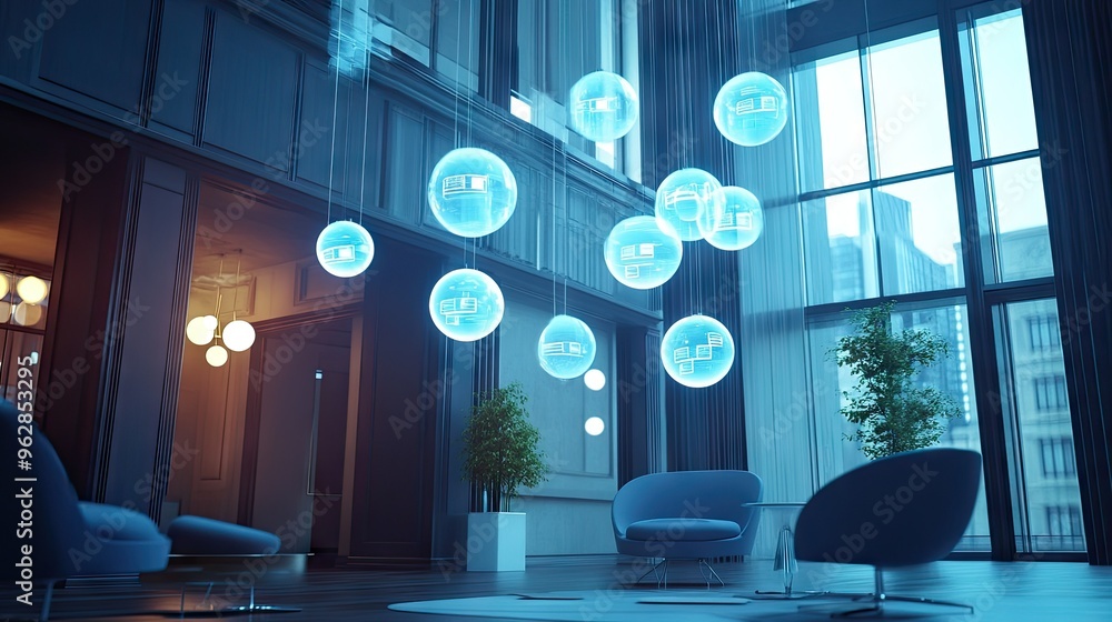 Poster group of bright, gleaming chat bubbles suspended in an elegant room, creating a high-tech ambiance f
