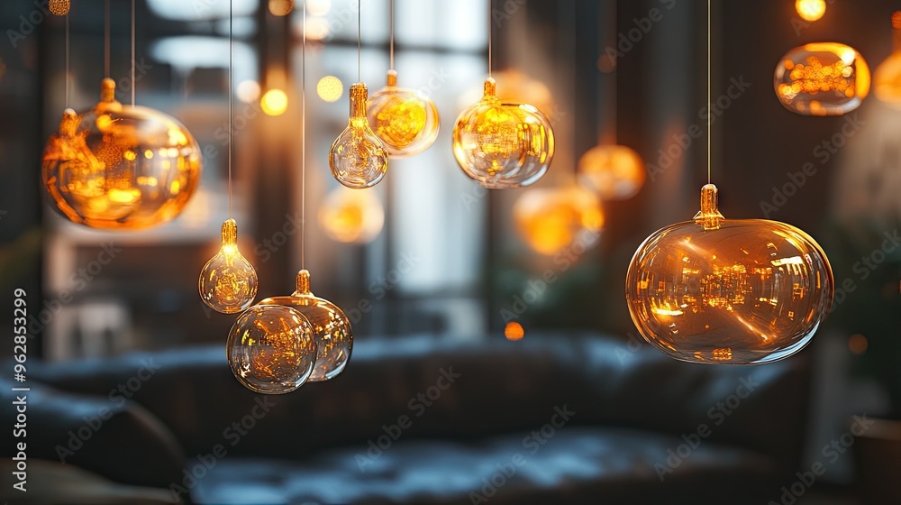 Poster group of bright, gleaming chat bubbles suspended in an elegant room, creating a high-tech ambiance f